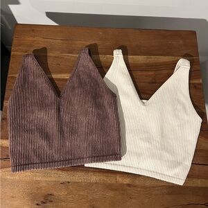 Ribbed V-Neck Crop Tops - Brown and Cream